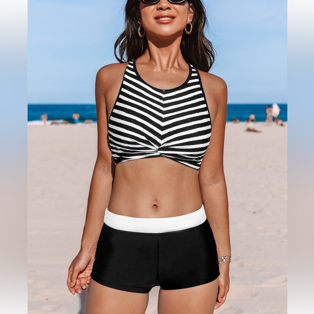 Cupshe Striped High Neck Bikini Top & Boy Shorts Set